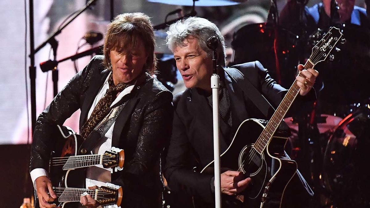 Richie Sambora and Jon Bon Jovi onstage at the Rock &amp; Roll Hall of Fame Induction Ceremony in 2018