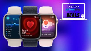 Three Apple Watch Series 9 models in front of an abstract purple background with a Laptop Prime Day deals icon