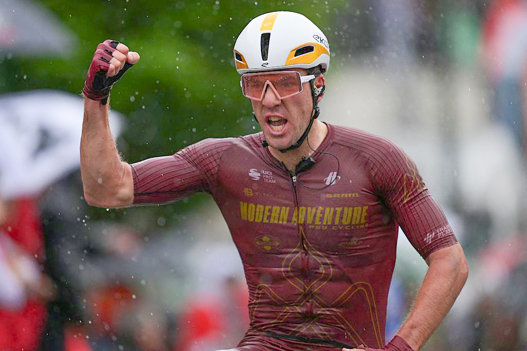New Zealander Ben Oliver of Modern Adventure Pro Cycling celebrates as he wins the second stage of the Tour De Wallonie cycling race,  192 km from Jodoigne to Libramont-Chevigny, on Tuesday 02 June 2026.BELGA PHOTO DAVID PINTENS (Photo by DAVID PINTENS / BELGA MAG / Belga / AFP via Getty Images)