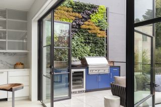 vertical garden with green and yellow plants above an outdoor kitchen