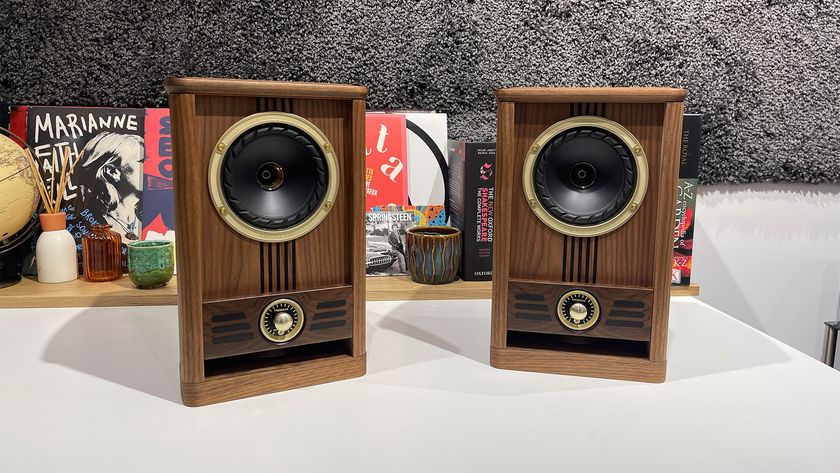 Fyne Vintage Five standmount speakers in front of plants and vinyl