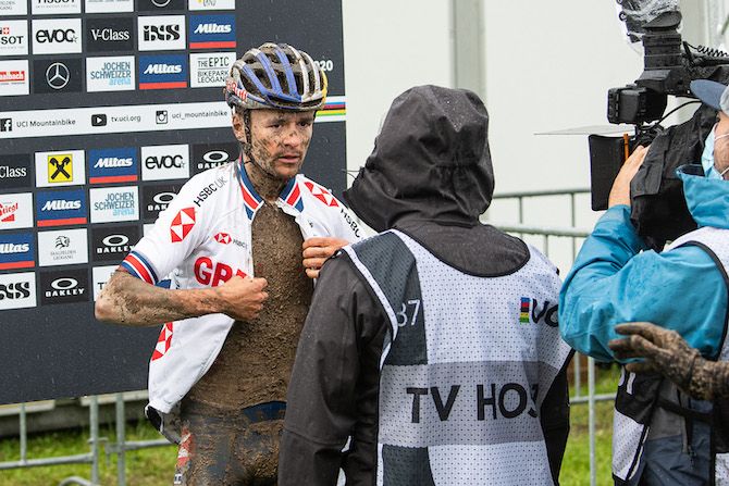 Tom Pidcock prepares for post race interview