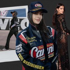 A collage of photos of Toni Breidinger at the race track and the Victoria's Secret Fashion Show.
