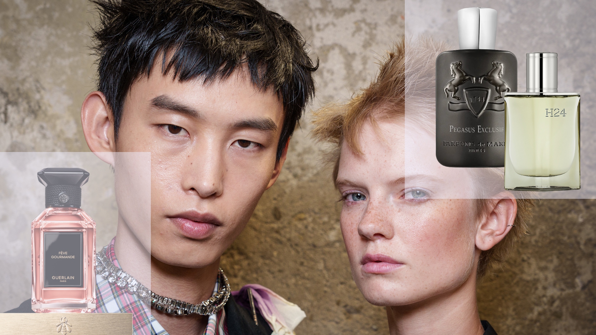 two models surrounded by colognes