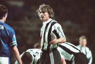 Newcastle United 4-3 Leicester City, premier league match at St James Park, Sunday 2nd February 1997. Our picture shows David Ginola. (Photo by Nigel Dobson/Mirrorpix/Getty Images)