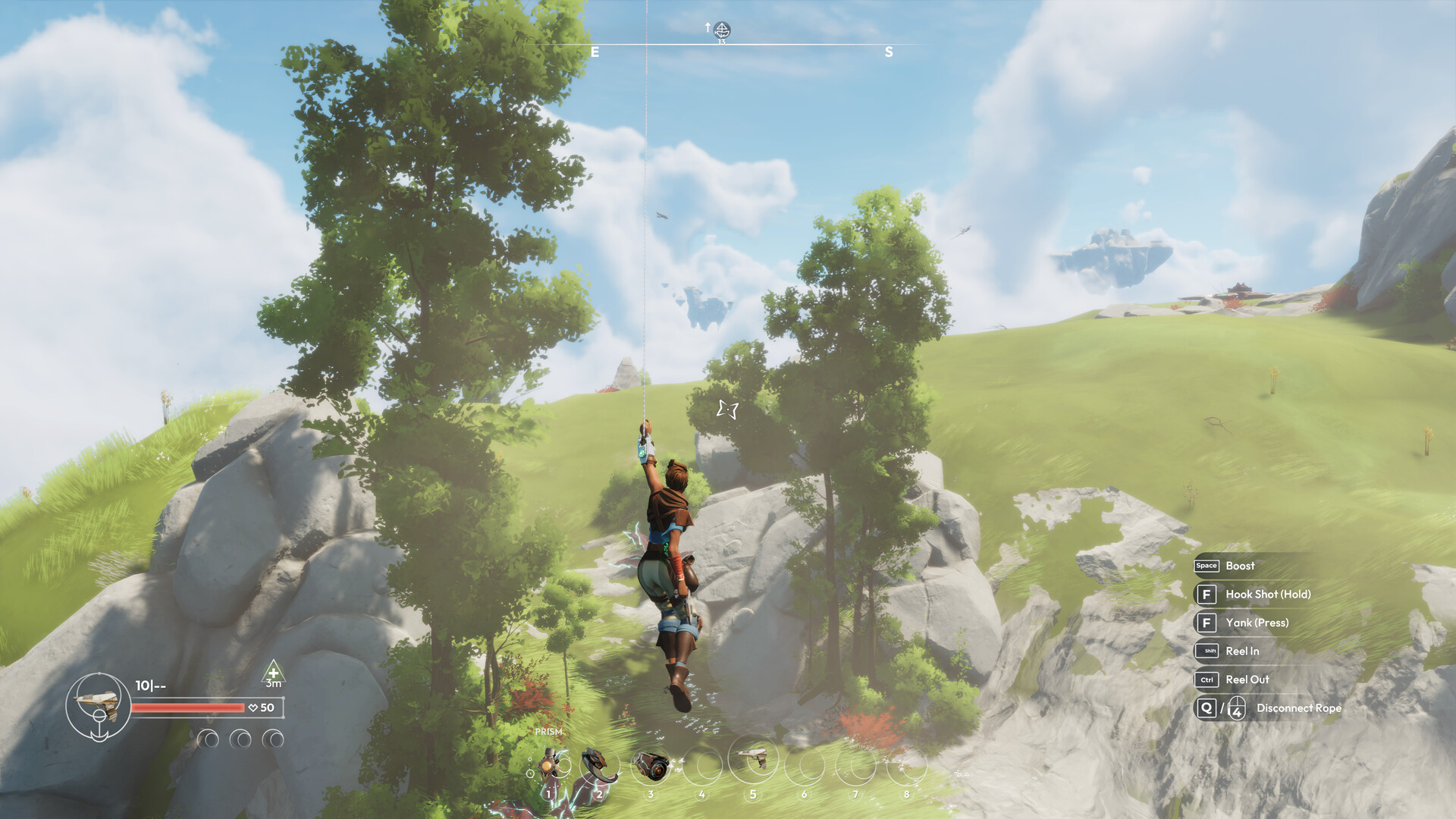 Lost Skies screenshot of the player-character using a grappling hook to swig above an expansive grassy plain