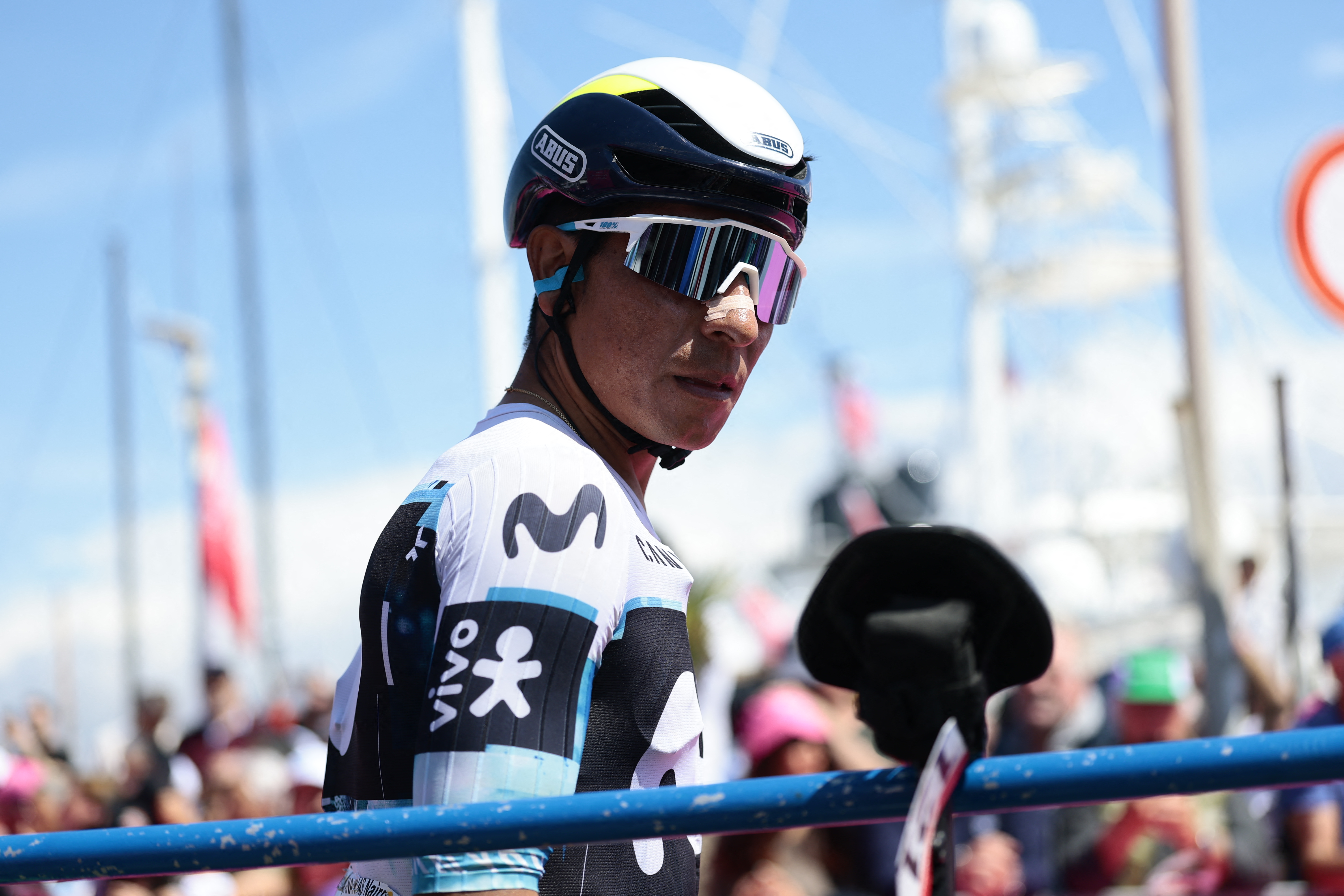 Movistar Team&#039;s Colombian rider Nairo Quintana looks on during the teams presentation of the 11th stage of the 108th Giro d&#039;Italia cycling race of 186kms from Viareggio to Castelnovo ne&#039; Monti on May 21, 2025. (Photo by Luca Bettini / AFP) (Photo by LUCA BETTINI/AFP via Getty Images)
