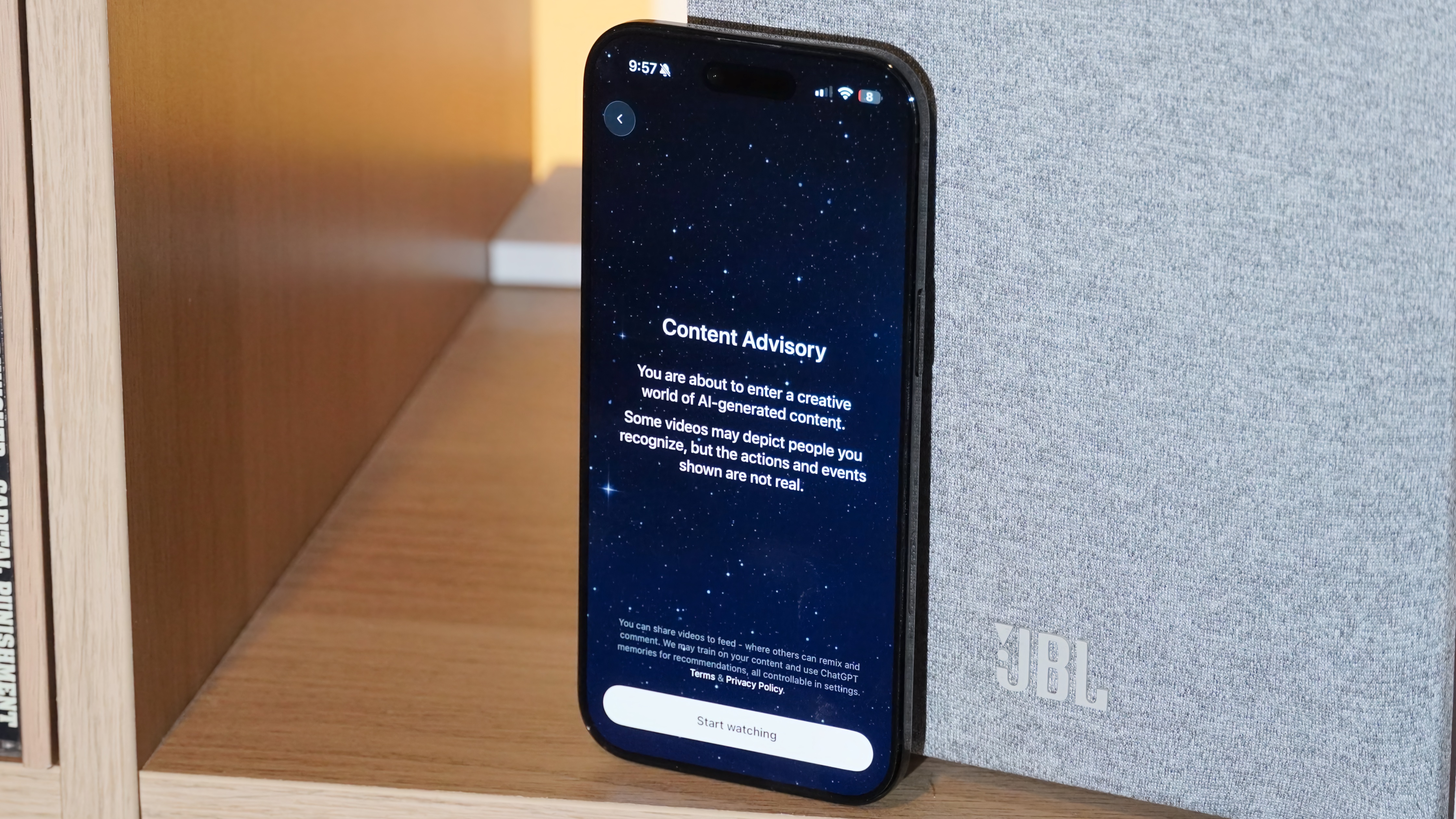 The Sora app on iOS showing its AI content advisory.