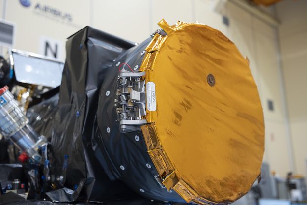 The copper-colored baffle cover of the European Space Agency&#039;s Characterizing Exoplanet Satellite (CHEOPS) in the clean room at Airbus Defence and Space in Madrid.