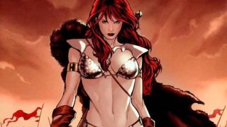 Dynamite Comics artwork of Red Sonja fighting with sword
