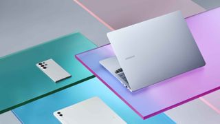 The Samsung Galaxy Book4 Edge with a Samsung phone and tablet on a blue, green, and purple background