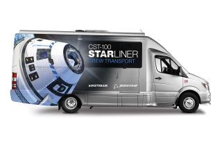Boeing’s new CST-100 Starliner crew transport vehicle, the "Astrovan II," was designed by Airstream with a graphic vinyl wrap of the capsule in orbit and chrome stripes running from the hood to the back in Boeing blue and silver chrome.