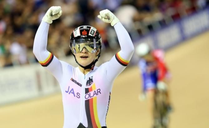 Kristina Vogel (Ger) celebrates winning the women's keirin