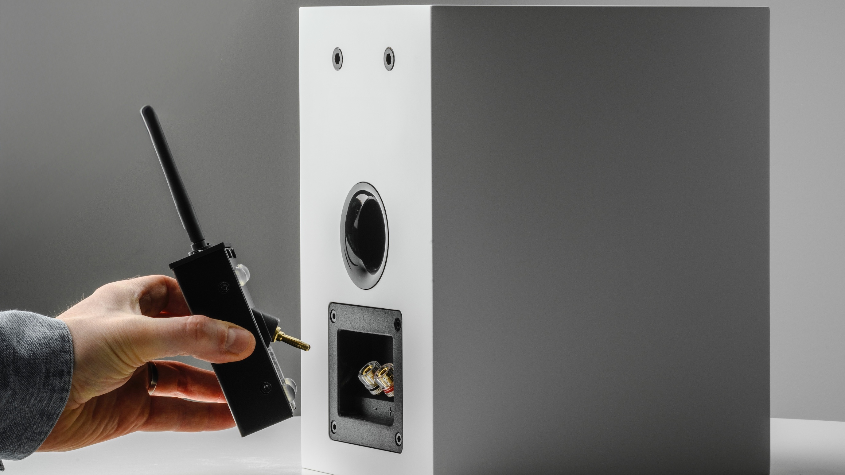 The Pro-Ject Wireless Box E being added to the back of a speaker.