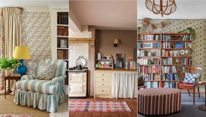 English cottage style, cozy and colorful living room, traditional kitchen with pink walls, living room with large bookshelf