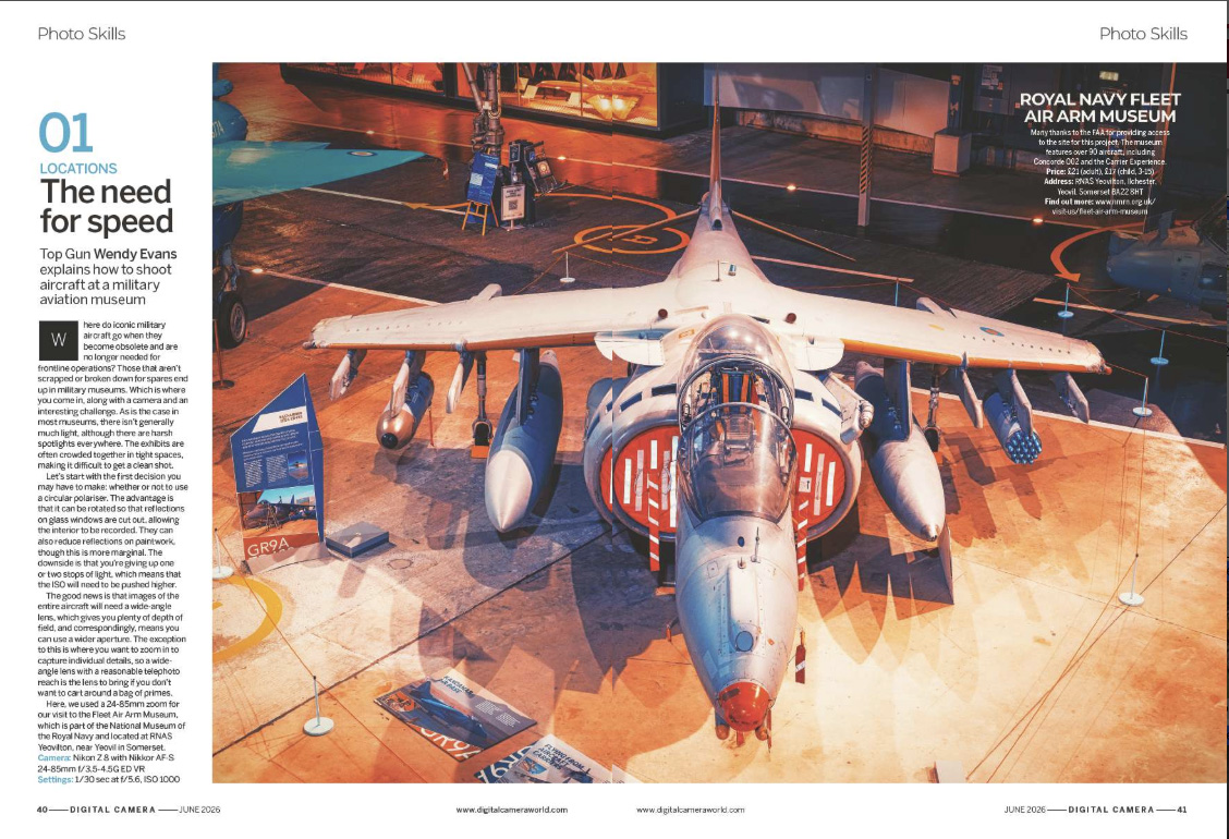 Image showing the first two pages of a Photo Skills project in issue 308 (June 2026) of Digital Camera magazine, explaining how to photograph planes in an aviation museum