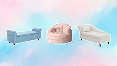 Three couch alternative seats on a pink and blue background
