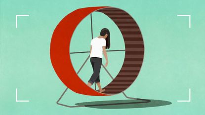 Illustration of woman with hair over her face walking along a hamster wheel to represent the signs of a toxic relationship
