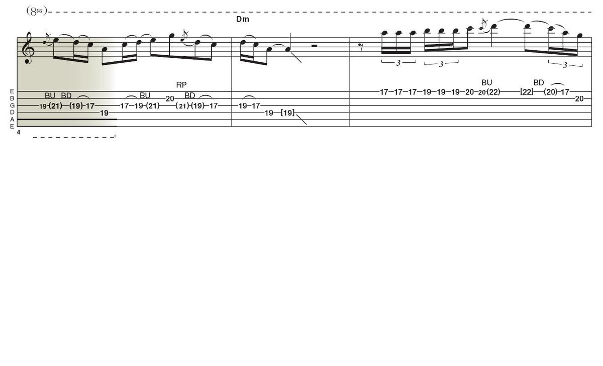 Lick 2: Here&acute;s a real Carlos-ism. You&acute;ll find this tremolo picking in almost everything he does and it is one of the facets of his playing that some find a little irritating. But as with any strong sounding technique, use it sparingly and you won&acute;t go wrong.