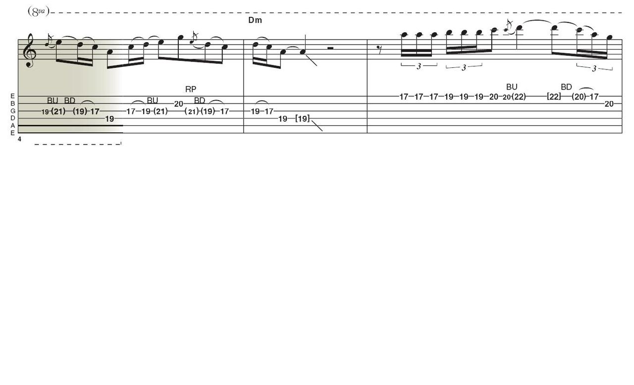 Lick 2: Here&acute;s a real Carlos-ism. You&acute;ll find this tremolo picking in almost everything he does and it is one of the facets of his playing that some find a little irritating. But as with any strong sounding technique, use it sparingly and you won&acute;t go wrong.