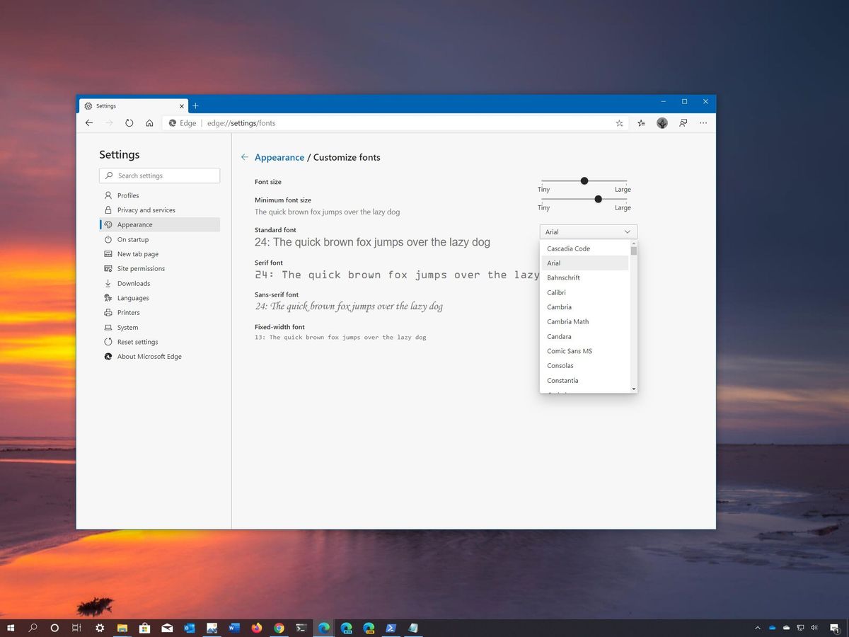 Microsoft Edge font settings