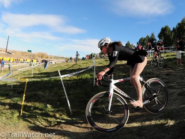 Wendy Simms (Ridley) riding downhill switchbacks with her tutu flapping in the breeze.