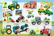 Collage showing a range of tractor toys for toddlers