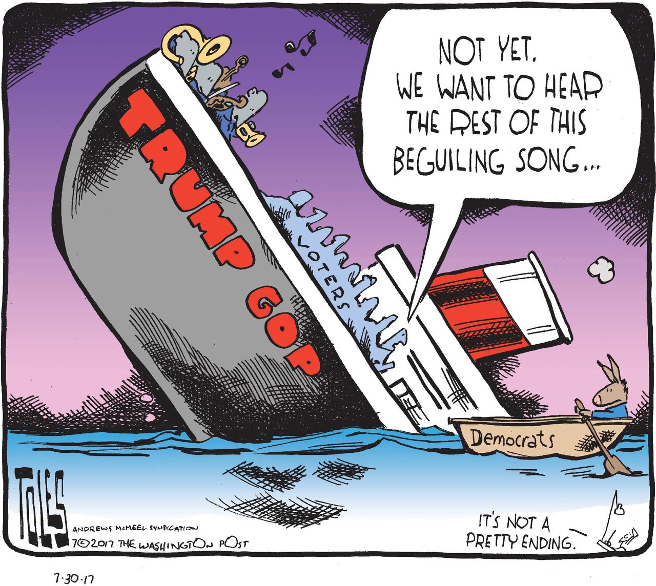 Political cartoon U.S. Trump GOP White House chaos Democrats Titanic