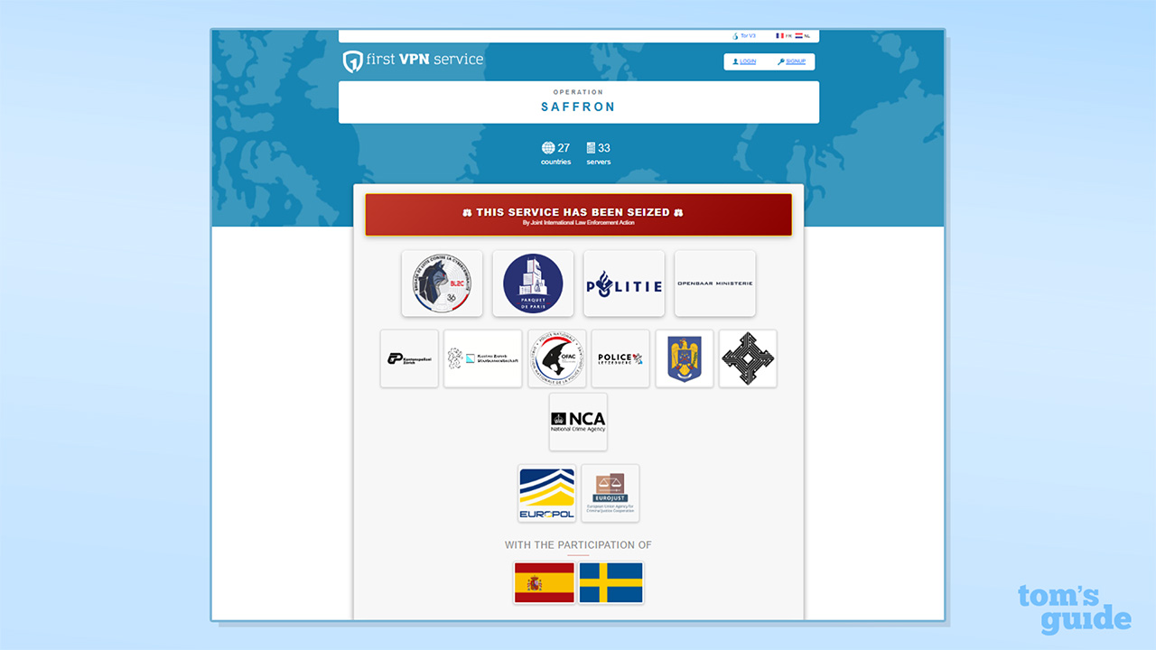 Screenshot of takedown of firstVPNservice's website and VPN