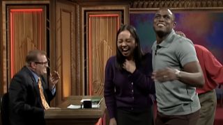 Drew laughing with Melissa and Wayne on Whose Line Is It Anyway?