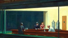 A painting showing a series of people around a bar.