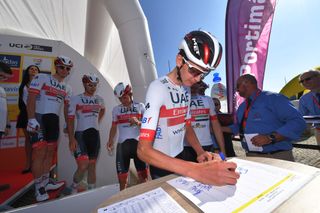 Joe Dombrowski (UAE Team Emirates) signs in for stage 1 of the 2020 Volta ao Algarve