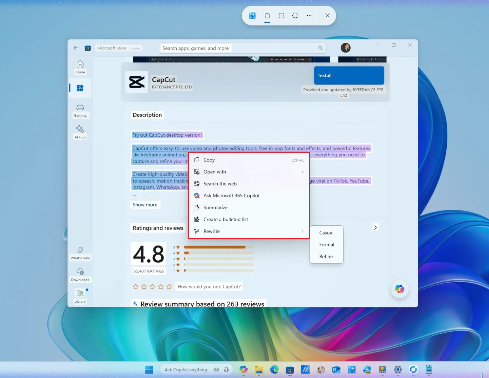 Click to Do selected text actions