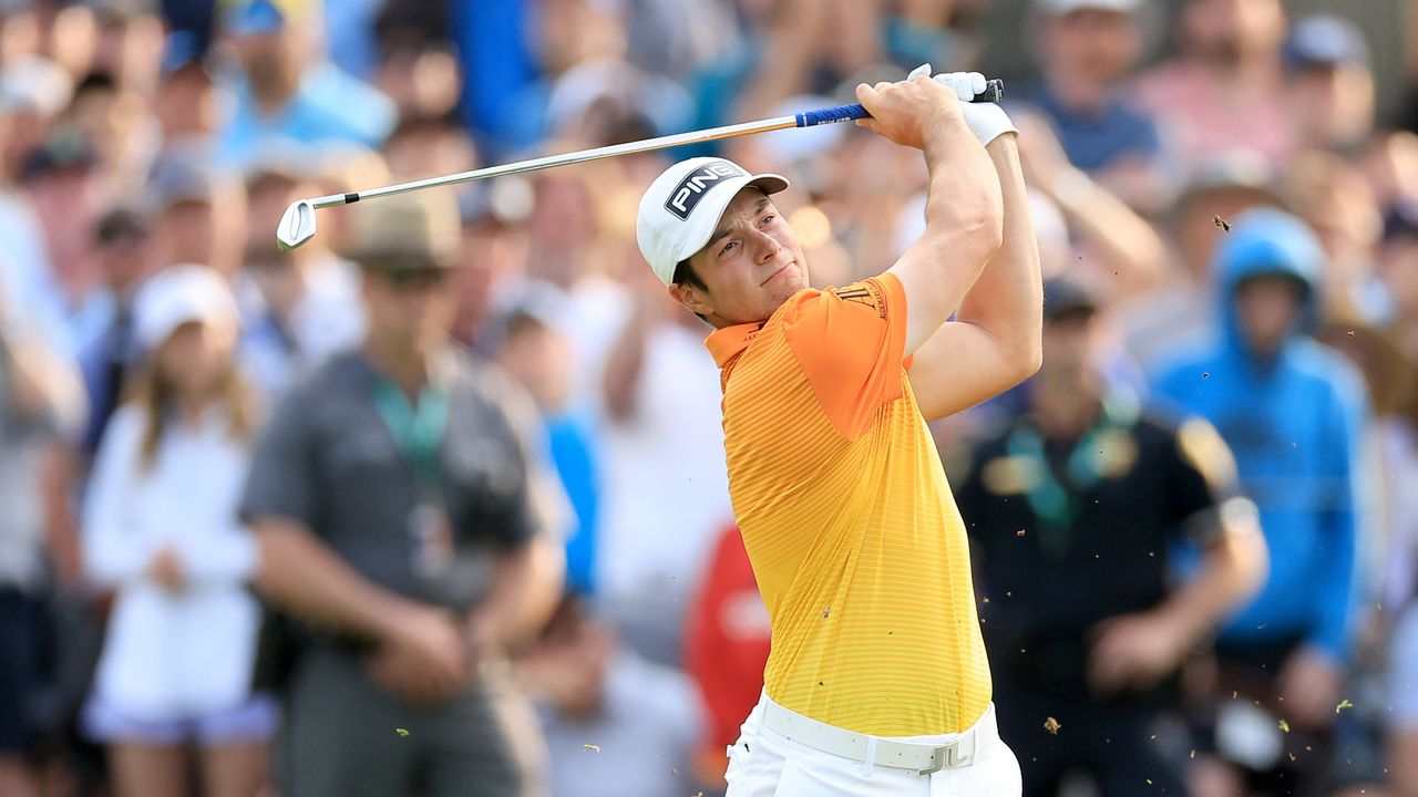 Viktor Hovland plays his second shot on the 18th hole during the PGA Championship. 