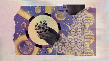 Photo collage of a scientist holding up a model of DNA on a background of space illustration