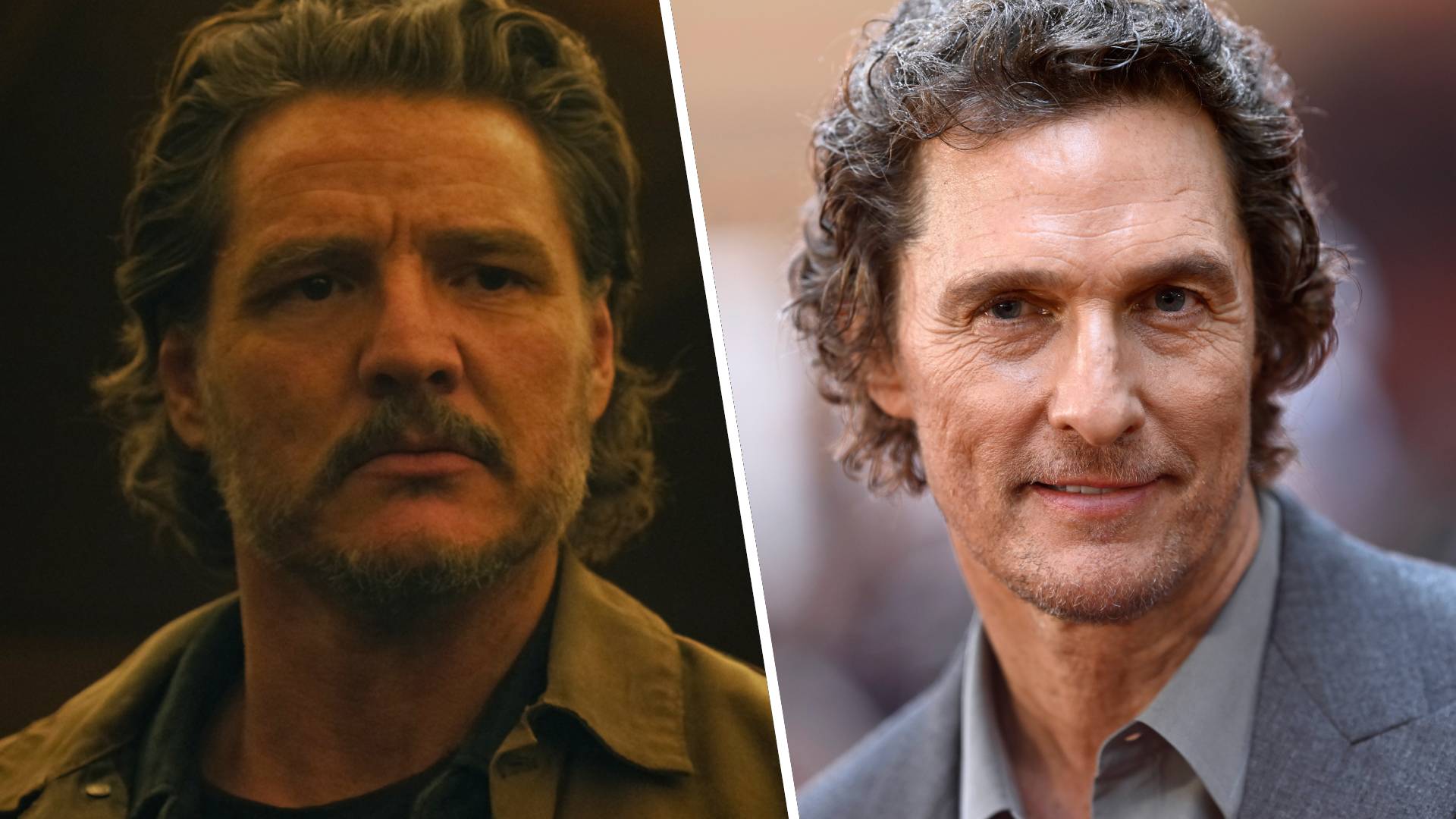 Left: Pedro Pascal as Joel in The Last of Us TV show. Right: Matthew McConaughey attends "The Lost Bus" UK Special Screening at Curzon Mayfair on September 28, 2025 in London, England. 