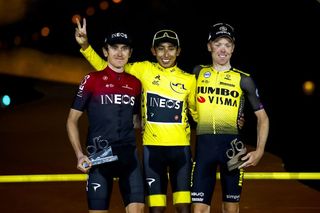 2019 Tour de France winner Egan Bernal on the final podium in Paris, flanked by Team Ineos teammate Geraint Thomas and Jumbo-Visma's Steven Kruijswijk