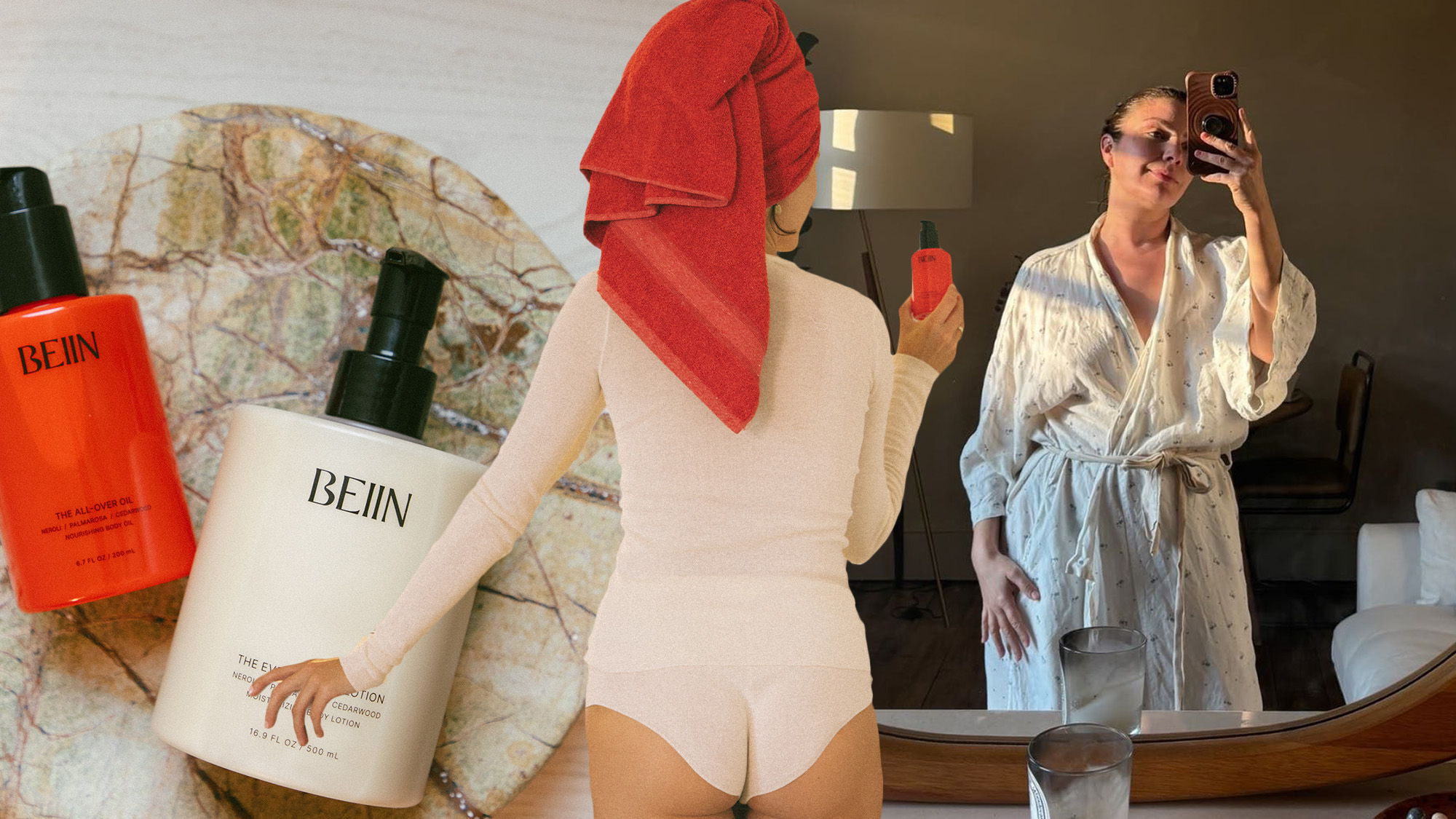 Collage of woman in a bathrobe and Beiin bodycare products.
