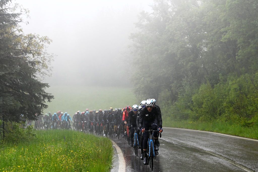 VIAREGGIO ITALY MAY 16 A general view of Carlos Verona of Spain and Movistar Team leads the peloton during the 106th Giro dItalia 2023 Stage 10 a 196km stage from Scandiano to Viareggio UCIWT on May 16 2023 in Viareggio Italy Photo by Tim de WaeleGetty Images