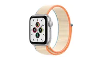 Best affordable Apple Watch: Apple Watch SE silver with an orange webbing strap