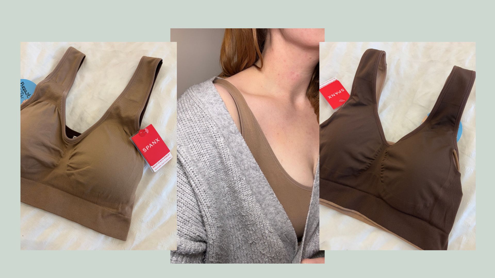 two flat lay shots and matilda wearing the spanx comfort bra