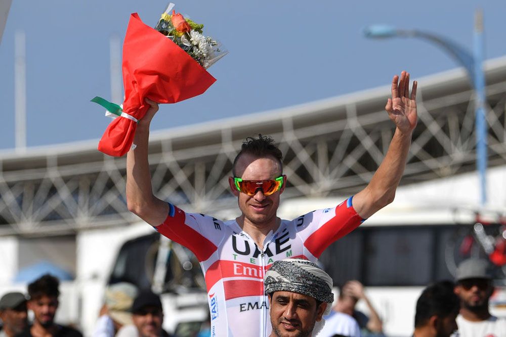 Alexander Kristoff (UAE Team Emirates) on the podium on stage 1 at the Tour of Oman