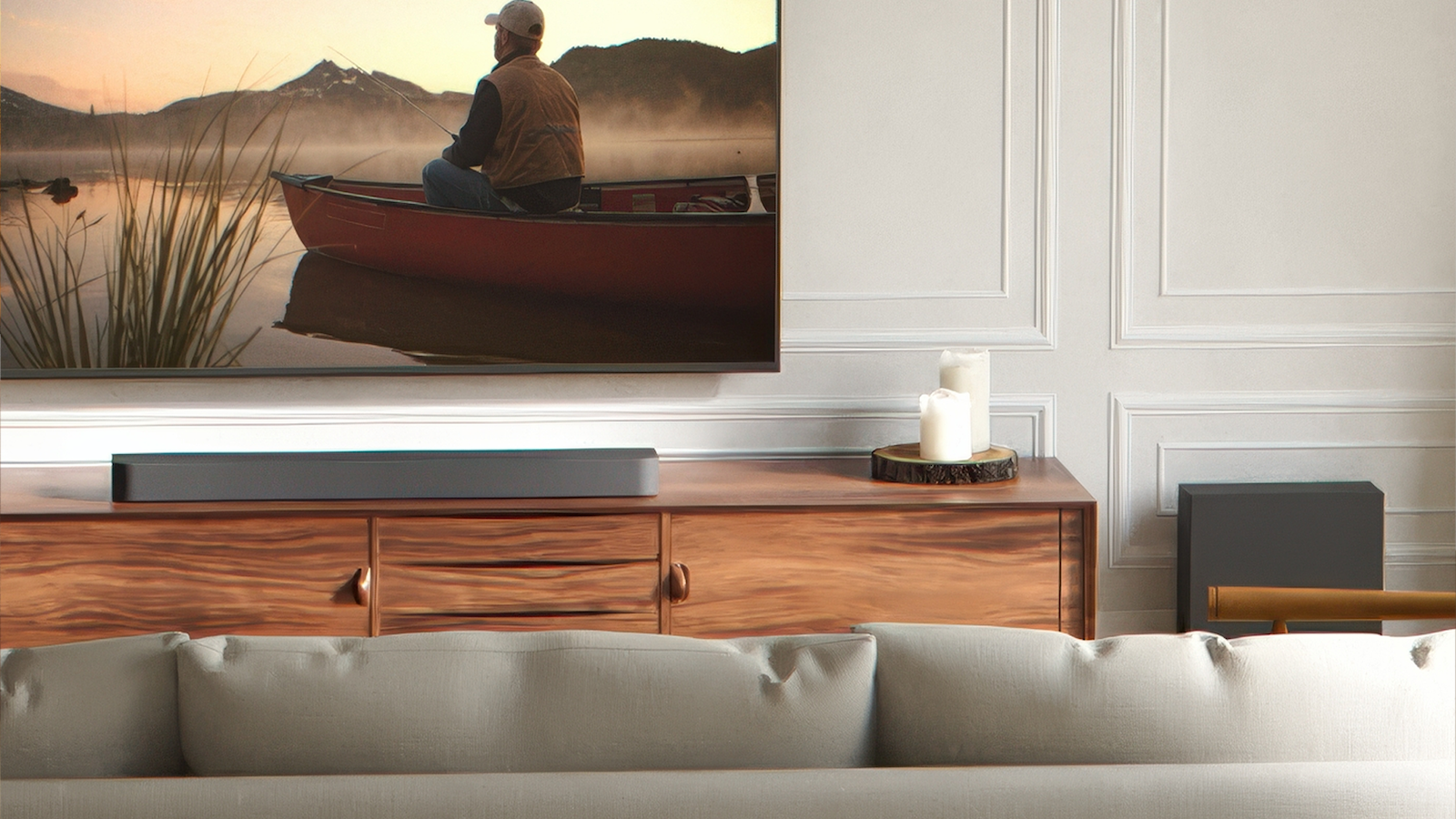The Sony Bravia Theatre Bar 7 soundbar and its partner subwoofer, pictured in a living room
