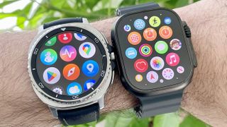 Close-up of a user's wrist wearing both the Samsung Galaxy Watch 8 Classic (left) and Apple Watch Ultra 2 in front of some green foliage