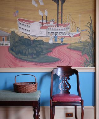 New Orleans wallpaper, red seat wooden chair, blue wall