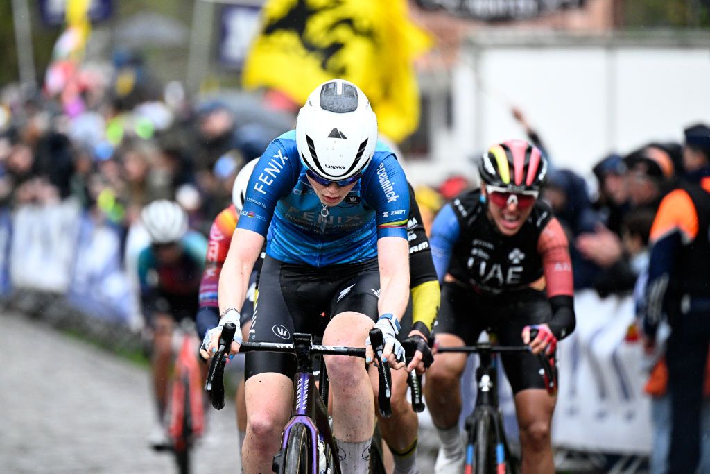 OUDENAARDE BELGIUM MARCH 31 Puck Pieterse of The Netherlands and Team FenixDeceuninck leads the breakaway during the 21st Ronde van Vlaanderen Tour des Flandres 2024 Womens Elite a 163km one day race from Oudenaarde to Oudenaarde UCIWWT on March 31 2024 in Oudenaarde Belgium Photo by Jasper Jacobs PoolGetty Images