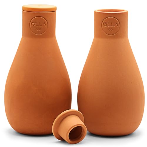 The Olla Company Classic Olla Watering Pot With Lid - Terracotta Self Watering Irrigation Up to 1 Ft in Diameter for Gardens, Raised Beds, and Small Pots - Vacation Friendly - Mini - Set of 2