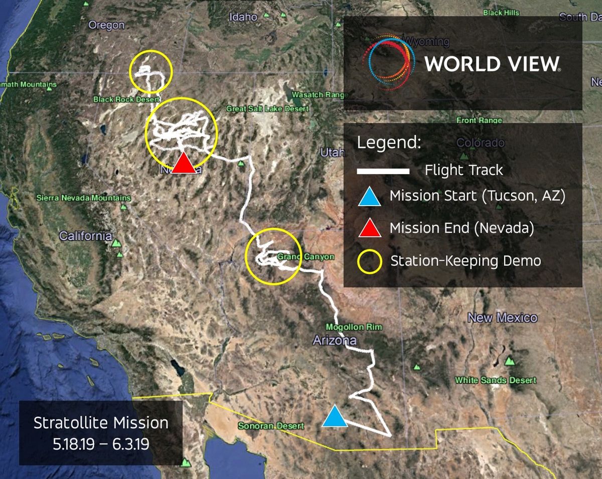 Diagram showing the flight path of World View&#039;s Stratollite high-altitude balloon system during its most recent test flight, which took place from May 18 to June 3, 2019.