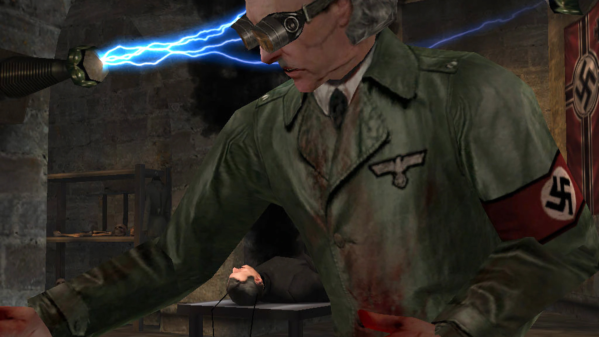 A screenshot from the intro of Return to Castle Wolfenstein showing a mad Nazi doctor experimenting on a man.