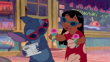 Animated Lilo and Stitch wearing sunglasses and staring snow cones while Stitch holds postcards